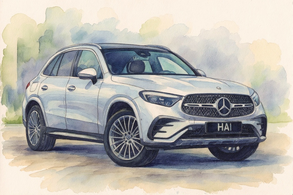 Aquarelportret van een Mercedes